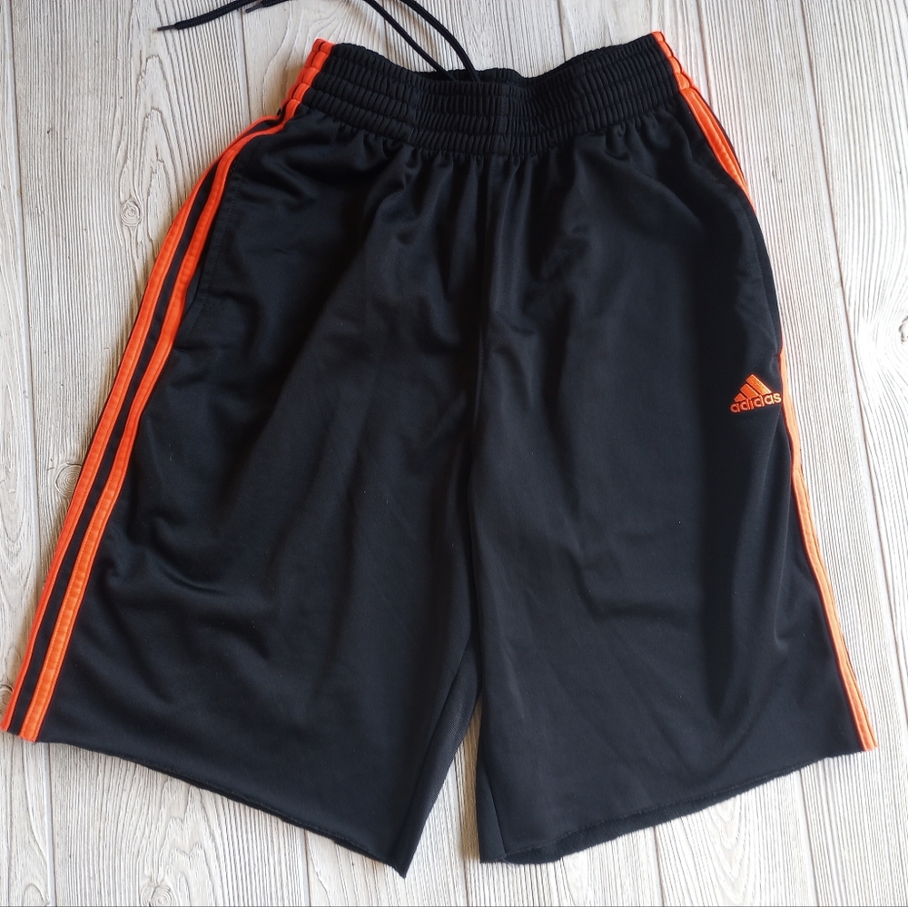 Adidas Shorts Mens Small Black Neon Orange Stripes Drawstring Adult